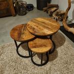 Set van 3 Mango Houten tafels, Huis en Inrichting, Minder dan 50 cm, Gebruikt, Rond, Ophalen of Verzenden