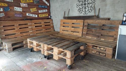 Pallet banken en 2 tafels, Tuin en Terras, Tuinbanken, Gebruikt, Hout, Ophalen