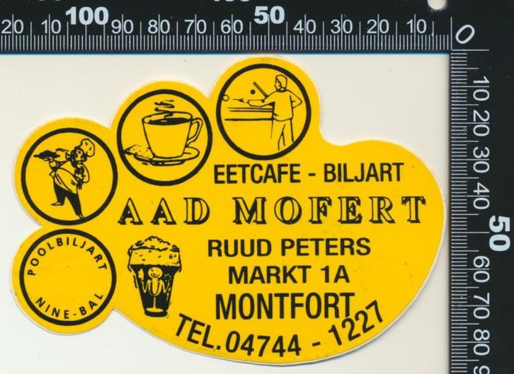 Sticker: Eetcafe Biljart Aad Mofert - Montfort, Verzamelen, Stickers, Zo goed als nieuw, Bedrijf of Vereniging, Ophalen of Verzenden
