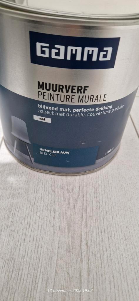 2 potten Gamma muurverf hemelsblauw - 40m², Doe-het-zelf en Verbouw, Verf, Beits en Lak, Zo goed als nieuw, Verf, Blauw, Ophalen