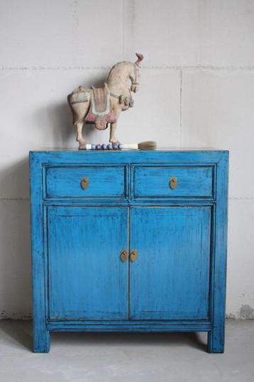 Oosters Houten Kastje Uniek Chinees Blauw Gekleurd Dressoir beschikbaar voor biedingen