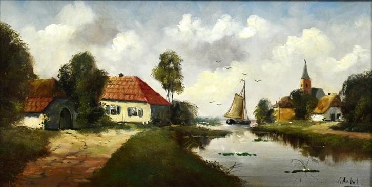 J Arkel, dorp aan een vaart, Antiek en Kunst, Kunst | Schilderijen | Klassiek, Ophalen