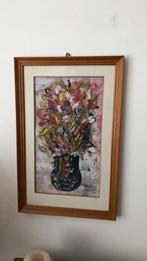 Vintage schilderij in houten lijst vaas met bloemen 1961, Antiek en Kunst, Kunst | Schilderijen | Modern, Ophalen of Verzenden