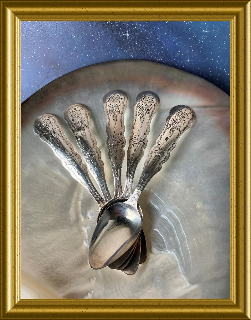 Antieke zilveren lepeltjes uit 1870, 5 stuks, Antiek en Kunst, Ophalen of Verzenden, Zilver