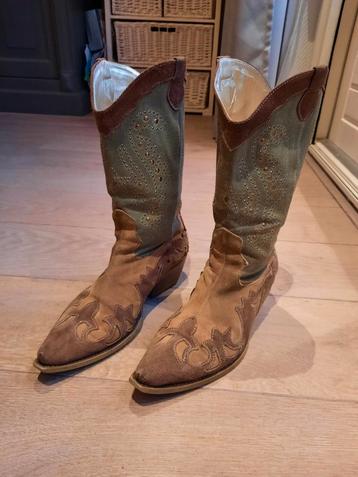 Vintage Cowboy Laarzen bruin/mosgroen met studs mt 39 beschikbaar voor biedingen
