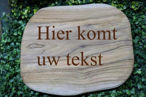 Teak houten schijf met persoonlijke gravure, Antiek en Kunst, Kunst | Etsen en Gravures, Verzenden
