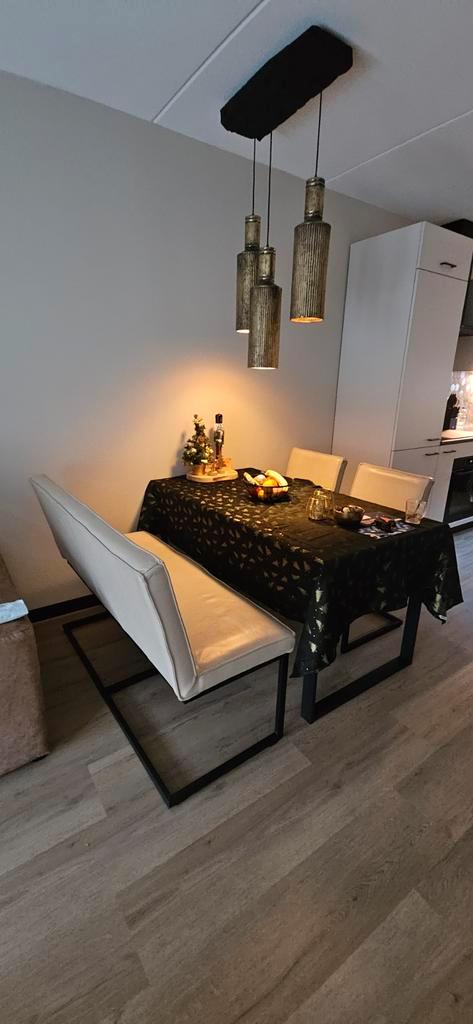 Lederen eetkamerbank en stoelen set, Huis en Inrichting, Stoelen, Gebruikt, Leer, Bruin, Ophalen