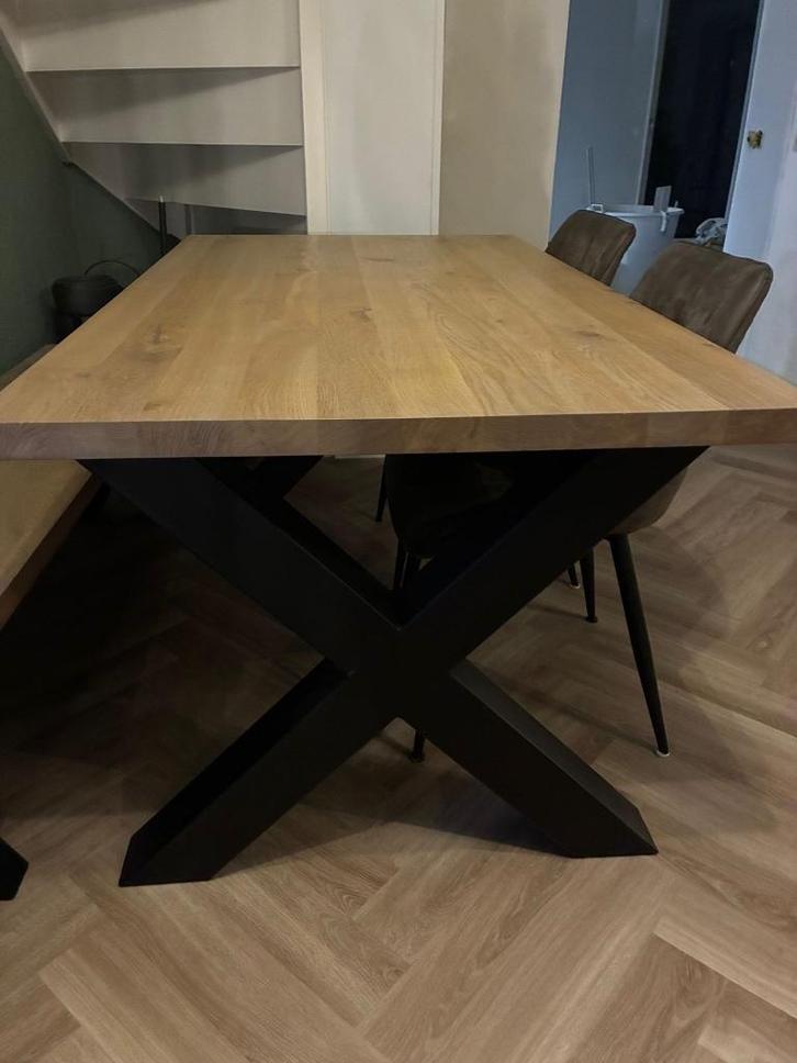 Bijna nieuwe eettafel met x poot, eiken blad, Huis en Inrichting, Tafels | Eettafels, Zo goed als nieuw, 50 tot 100 cm, 150 tot 200 cm