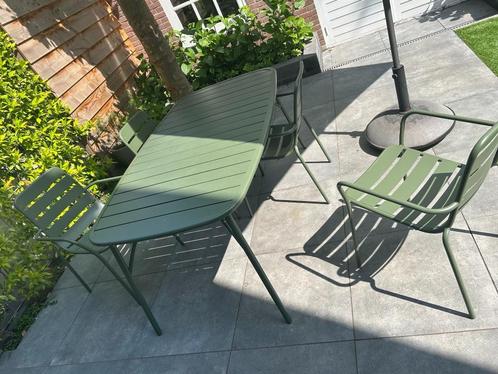 Tuinset, tuintafel, tuinstoelen, tuinbank - groen metaal, Tuin en Terras, Tuinsets en Loungesets, Gebruikt, Overige materialen