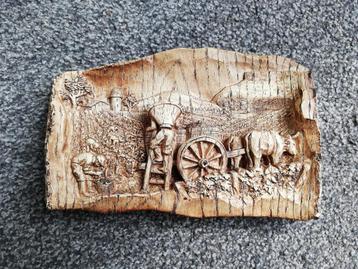 "Houten" Wandtafereel Druivenoogst met plukkers en een kar  beschikbaar voor biedingen