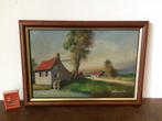 Rustiek wit huisje met rood pannendak & waterrad landschap, Huis en Inrichting, Woonaccessoires | Schilderijen, Tekeningen en Foto's
