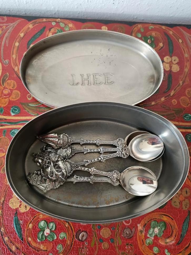 6 mooie oude verzilverde lepeltjes van Douwe Egberts in doos, Antiek en Kunst, Antiek | Bestek, Verzenden