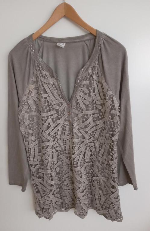 Grijze tricot blouse met kant en pailletten, maat 46, Kleding | Dames, Blouses en Tunieken, Zo goed als nieuw, Maat 46/48 (XL) of groter