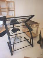 Tekentafel Van Beek, staal/glas, incl. stoel en bijzettafel, Zo goed als nieuw, 130 tot 150 cm, Ophalen