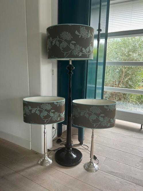 Set modern/stijlvol taupe/turkoois 1xstaand + 2xtafellampen, Huis en Inrichting, Lampen | Vloerlampen, Gebruikt, 100 tot 150 cm