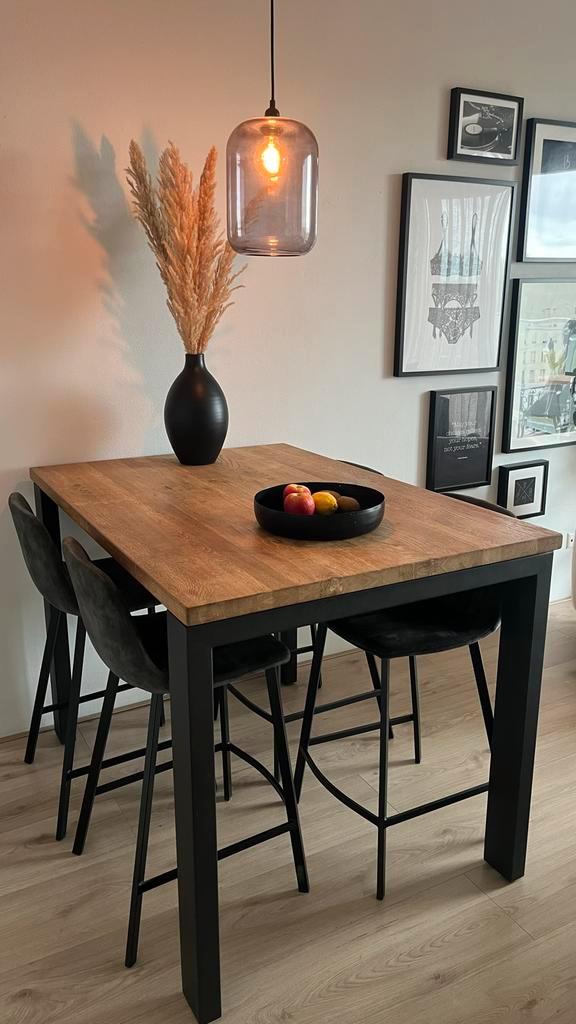 Eikenhouten Bartafel met 4 Stoelen - Industriële Stijl, Huis en Inrichting, Tafels | Eettafels, Zo goed als nieuw, 50 tot 100 cm