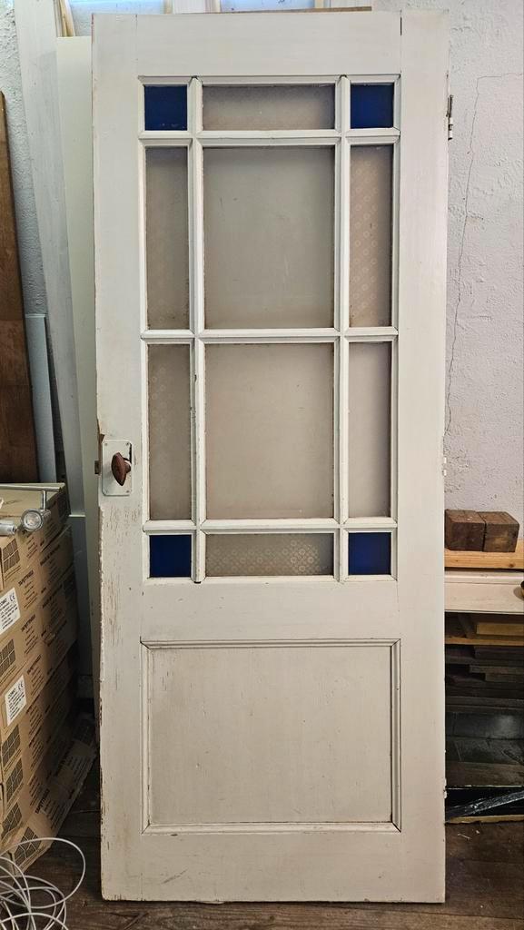 Antieke deur met glas in lood, Doe-het-zelf en Verbouw, Deuren en Horren, Gebruikt, Binnendeur, 200 tot 215 cm, Glas, Ophalen
