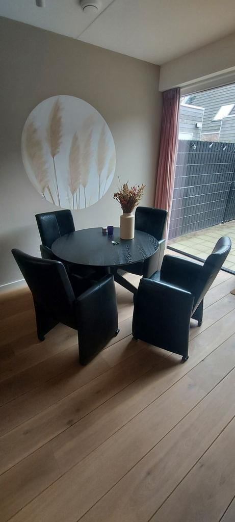 4 leren kuipstoelen met wieltjes - Nieuwstaat, Ophalen, Zwart, Leer, Zo goed als nieuw