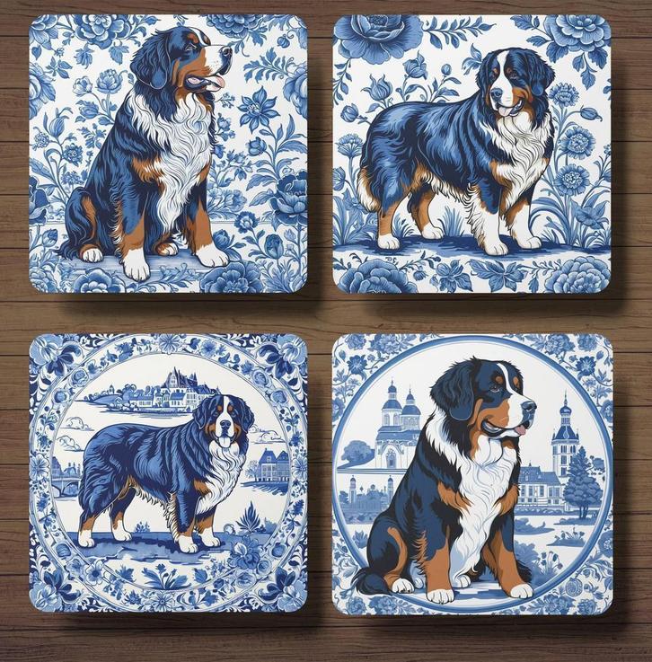 Berner Sennen Delfts Blauw onderzetters met houder, Huis en Inrichting, Woonaccessoires | Onderzetters, Nieuw, Glas of Kopje, Ophalen of Verzenden