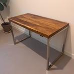Bureau met Chrome poten en acaciahouten blad., Ophalen, Gebruikt, 100 tot 150 cm, Rechthoekig