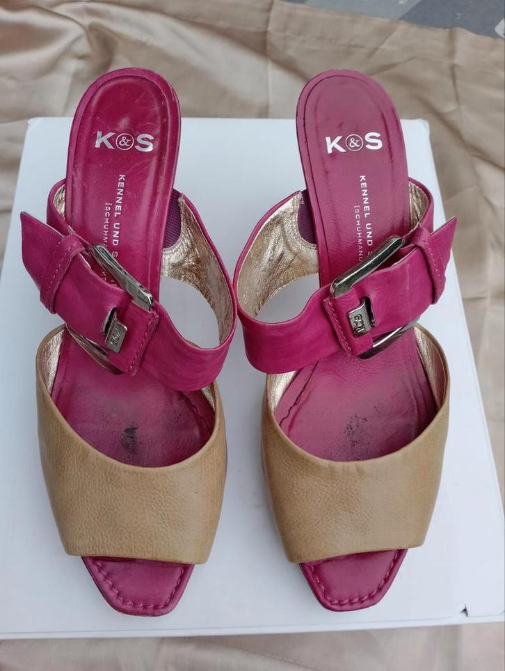 Echt leer prachtige sandalen van K&S, 39 fucsia en taupe, Kleding | Dames, Schoenen, Zo goed als nieuw, Sandalen of Muiltjes, Overige kleuren