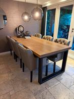Massief eiken eettafel met 6 luxe stoelen, 200 cm of meer, Zo goed als nieuw, Rechthoekig, 50 tot 100 cm
