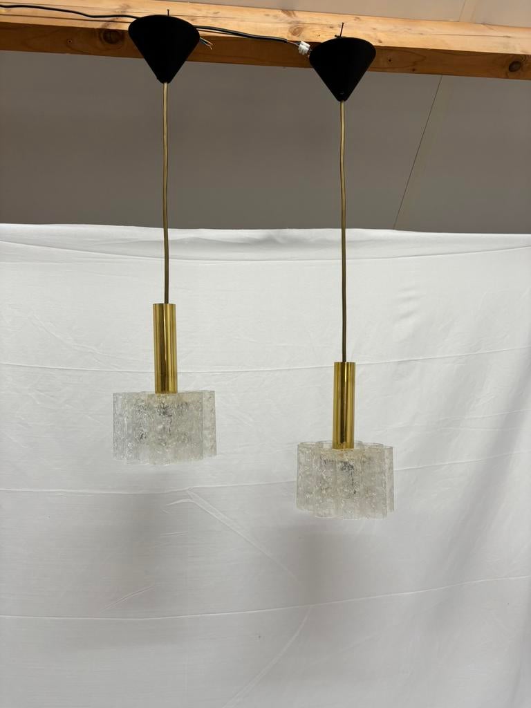 2 Vintage Doria Leuchten hanglampen, ijsglas tubes '60/'70, Ophalen of Verzenden, Gebruikt, Glas, Minder dan 50 cm