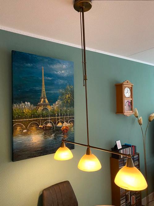 Te koop mooie messing dimbare eettafel lamp, Huis en Inrichting, Lampen | Hanglampen, Zo goed als nieuw, 75 cm of meer, Glas, Ophalen