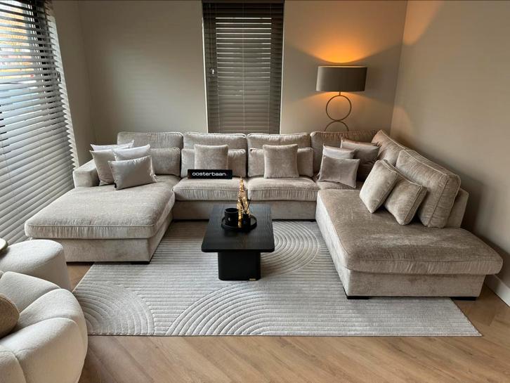 Luxe Velvet Teddy U-Bank Costa 195x370x250cm Beige Sand NEW, Huis en Inrichting, Banken | Bankstellen, Nieuw, Hoekbank, Vierpersoons of meer