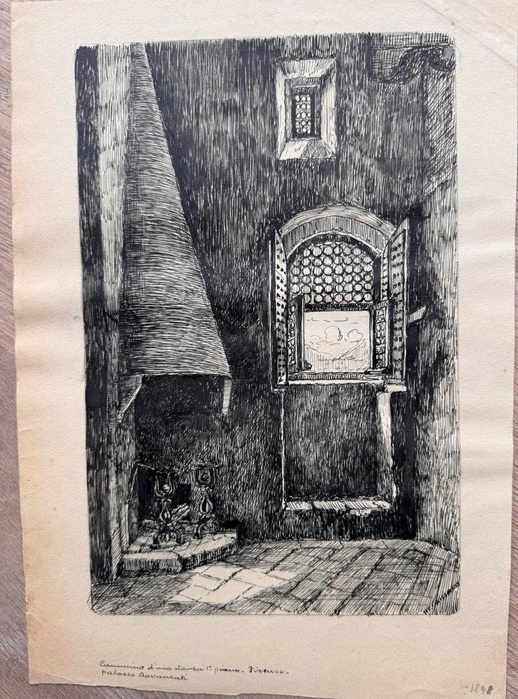 Pentekening Firenze, 1898, Antiek en Kunst, Kunst | Etsen en Gravures, Ophalen of Verzenden
