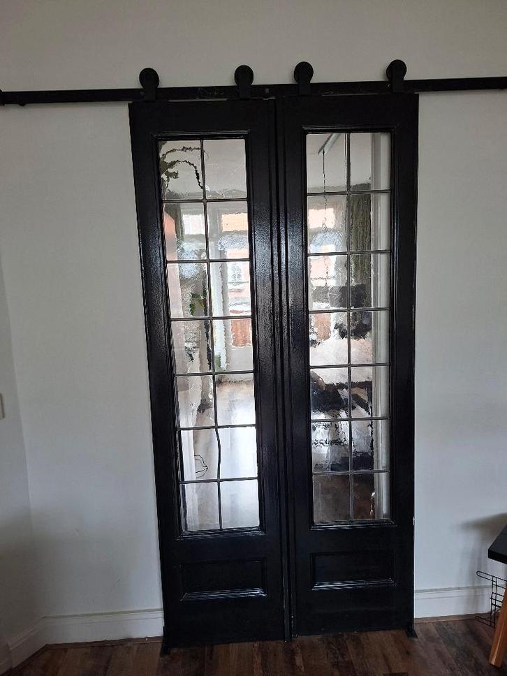 2 ensuite schuifdeuren smal glas in lood jaren 30 origineel, Doe-het-zelf en Verbouw, Deuren en Horren, Gebruikt, Binnendeur, 200 tot 215 cm