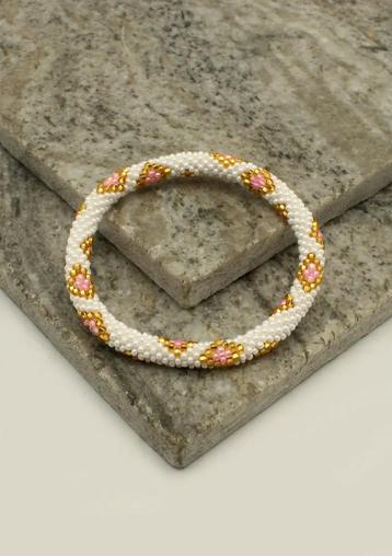 Glaskralen armband - wit, roze en goud - RB505 beschikbaar voor biedingen