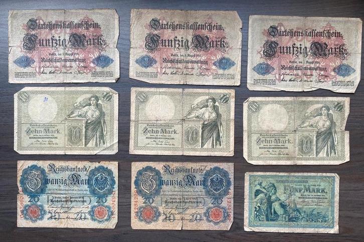 Lot van 9 oude Duitse Mark Bankbiljetten jaren ‘10, Postzegels en Munten, Bankbiljetten | Europa | Niet-Eurobiljetten, Setje, Duitsland