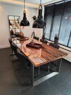 Unieke eettafel, spoorbielzen hout met metalen onderstel!, Ophalen, 100 tot 150 cm, 200 cm of meer, Zo goed als nieuw