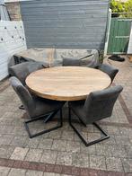 Mango Houten Eettafel + 5 Grijze Stoelen (140cm), Ophalen, Gebruikt, Grijs, Vijf, Zes of meer stoelen