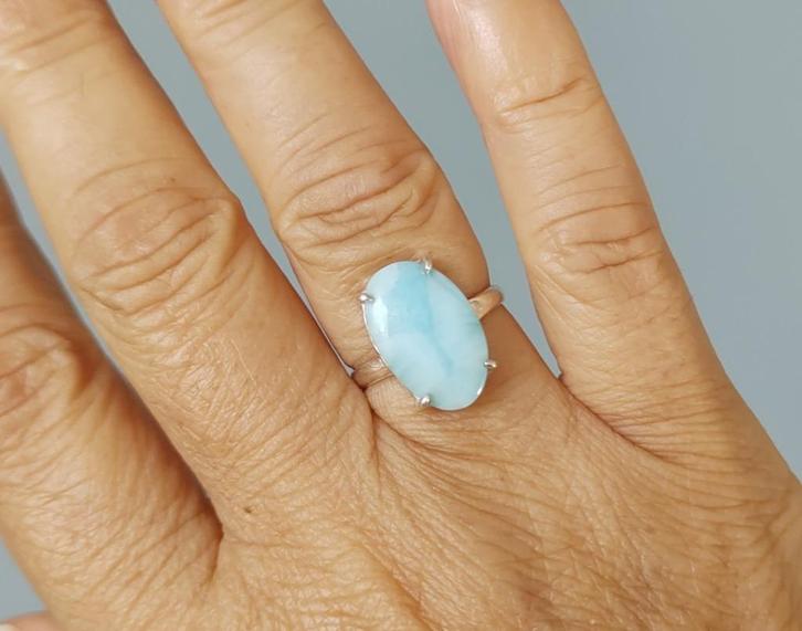 Zilveren ring met natuurlijke Larimar steen zilver 925, Sieraden, Tassen en Uiterlijk, Ringen, Nieuw, Dame, Kleiner dan 17, Blauw
