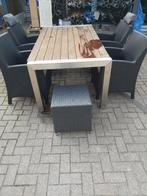 hardhouten tuintafel met RVS onderstel en 4 stoelen en kruk, Tuin en Terras, Tuintafels, Ophalen, Gebruikt, Rechthoekig, Rvs