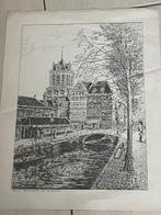 Oude Afdruk Vischmarkt  Delft, Antiek en Kunst, Kunst | Etsen en Gravures, Ophalen of Verzenden