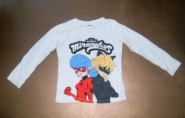 Lady Bug & Cat Noir Longsleeve / shirt miraculous / wit, Kinderen en Baby's, Kinderkleding | Maat 128, Zo goed als nieuw, Jongen of Meisje