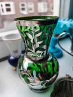 Oude glazen vaas met zilveren decoratie, Ophalen of Verzenden