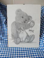 Schilderij met beer + poesje, ophalen of verz.zonder lijst, Antiek en Kunst, Ophalen of Verzenden
