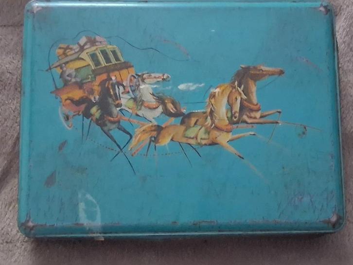 retro blik koekjestrommel paardenkoets €15! (nog meer oude!), Verzamelen, Blikken, Gebruikt, Koek(jes), Overige merken, Verzenden