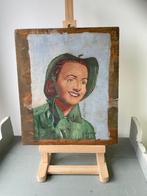 Vintage schilderij op hardboard. Dame in groene jas en muts., Antiek en Kunst, Ophalen of Verzenden