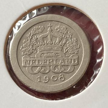 5 Cent / Ronde Stuiver uit 1908 van Wilhelmina beschikbaar voor biedingen