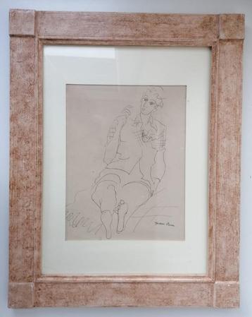 Potloodtekening op papier - Zittende jonge vrouw beschikbaar voor biedingen