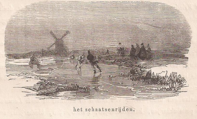 Het Schaatsenrijden Houtgravure 1857 Friesland, Ophalen of Verzenden