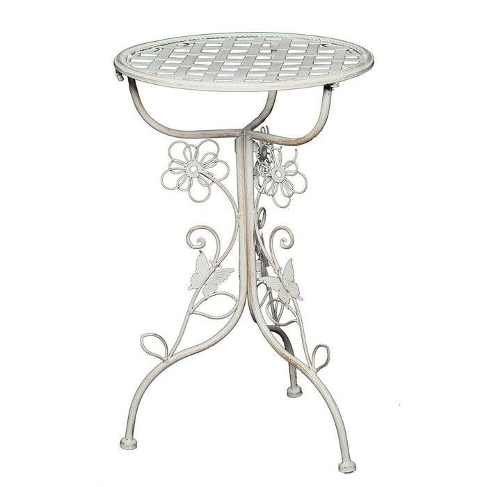 Wit metalen bijzettafeltje met bloemen en vlinders, Huis en Inrichting, Tafels | Bijzettafels, Nieuw, Rond, 45 tot 60 cm, Minder dan 55 cm