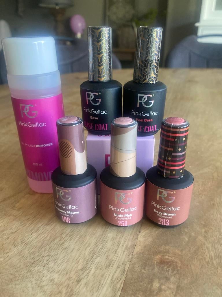 Pink Gellac Startpakket: 3 kleuren, base & peel base, remove, Nieuw, Ophalen of Verzenden, Toebehoren, Handen en Nagels