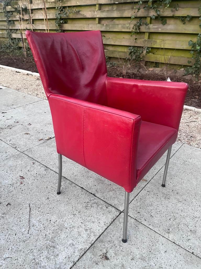 6 Rode leren eetkamerstoelen met metalen poten, Huis en Inrichting, Stoelen, Ophalen, Gebruikt, Leer, Eén