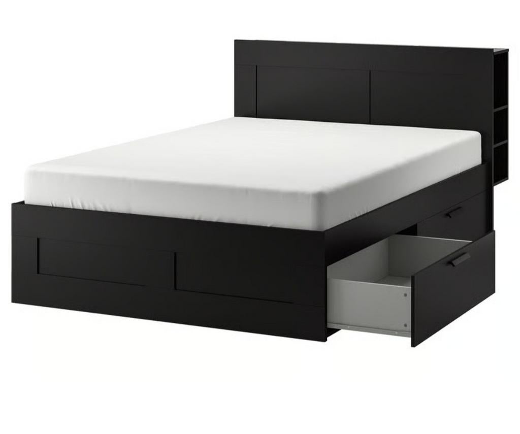 IKEA BRIMNES Bedframe met opbergruimte en hoofdbord, 180x200, Zwart, Tweepersoons, Ophalen of Verzenden, Zo goed als nieuw